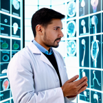 A professional male nutritionist in a modest lab coat, standing thoughtfully beside a transparent, abstract 3D holographic projection of the human digestive system, visualized as a highly efficient 'bio-factory' with subtle glowing pathways representing protein absorption. The setting is a clean, modern research laboratory. The image emphasizes scientific understanding and internal processing. Perfect anatomy, correct proportions, natural pose, well-formed hands, proper finger count, safe for work, appropriate content, fully clothed, professional photography, high quality.