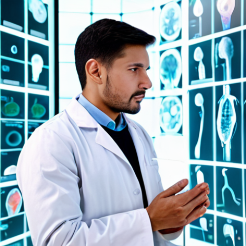 Home 6 A professional male nutritionist in a modest lab coat, standing thoughtfully beside a transparent, abstract 3D holographic projection of the human digestive system, visualized as a highly efficient 'bio-factory' with subtle glowing pathways representing protein absorption. The setting is a clean, modern research laboratory. The image emphasizes scientific understanding and internal processing. Perfect anatomy, correct proportions, natural pose, well-formed hands, proper finger count, safe for work, appropriate content, fully clothed, professional photography, high quality.