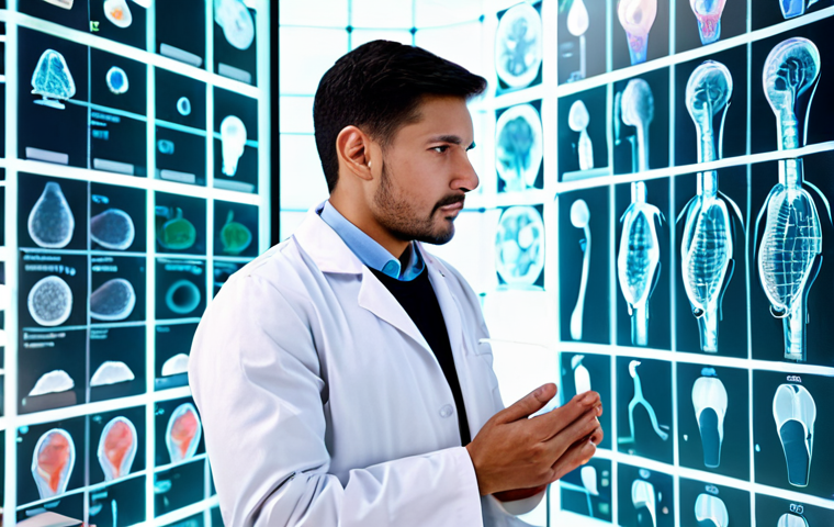 A professional male nutritionist in a modest lab coat, standing thoughtfully beside a transparent, abstract 3D holographic projection of the human digestive system, visualized as a highly efficient 'bio-factory' with subtle glowing pathways representing protein absorption. The setting is a clean, modern research laboratory. The image emphasizes scientific understanding and internal processing. Perfect anatomy, correct proportions, natural pose, well-formed hands, proper finger count, safe for work, appropriate content, fully clothed, professional photography, high quality.