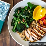 당뇨병과 영양 관리 - A vibrant, well-lit kitchen scene featuring a colorful balanced plate on a wooden table: half filled...