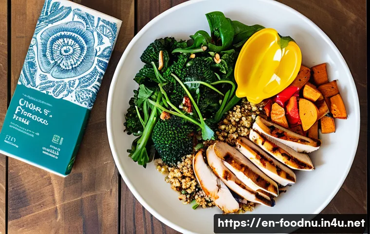 당뇨병과 영양 관리 - A vibrant, well-lit kitchen scene featuring a colorful balanced plate on a wooden table: half filled...