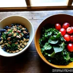 항산화 식품의 역할 - Photorealistic overhead still life of antioxidant-rich foods arranged on a rustic American farmhouse...