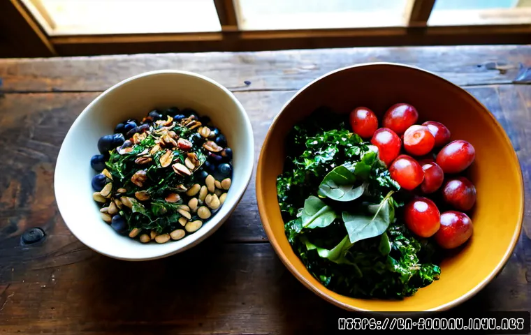항산화 식품의 역할 - Photorealistic overhead still life of antioxidant-rich foods arranged on a rustic American farmhouse...